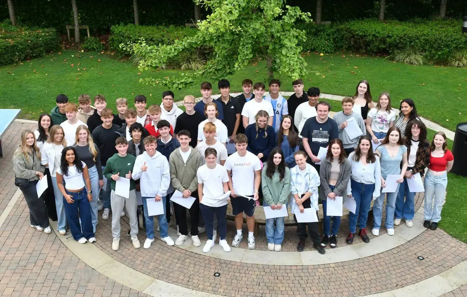 The grange School, aerial view of 2024 A Level students on results day.