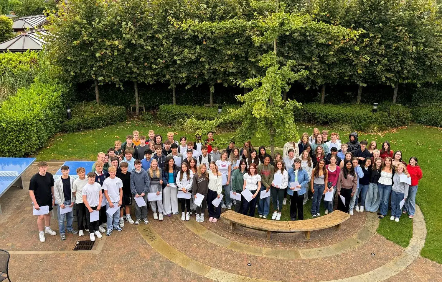 The grange School, aerial view of 2024 GCSE students on results day.
